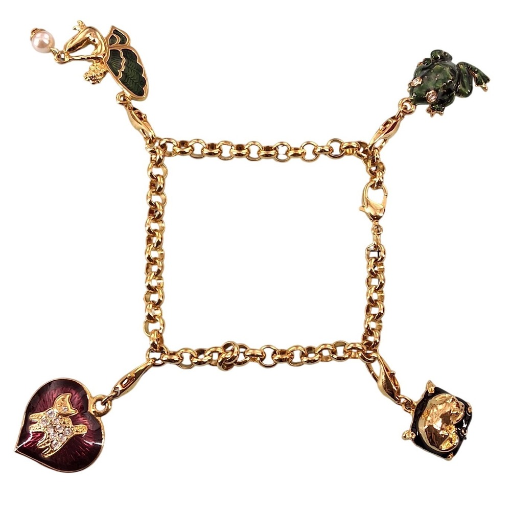Gold Tone Enamel Cat &‎ Fairy Charm Bracelet Whimsical Fantasy Jewelry